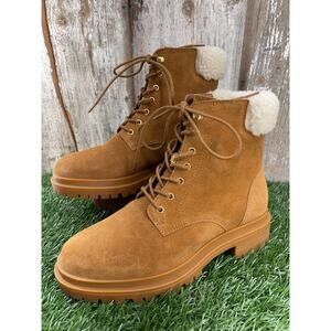 Lauren Ralph Lauren Carlee Whiskey Suede Combat Bots Faux-shearling Women's 7.5